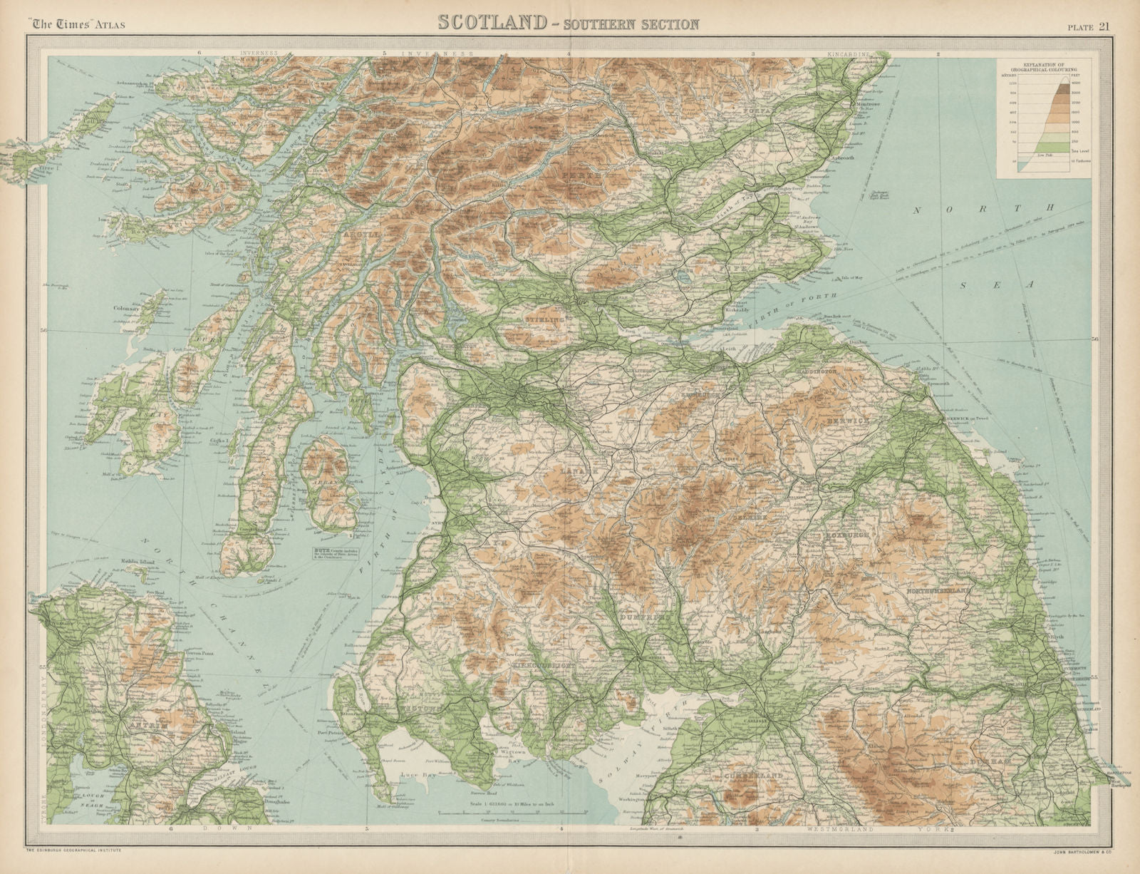 Southern Scotland. Relief & railways. THE TIMES 1922 old antique map chart